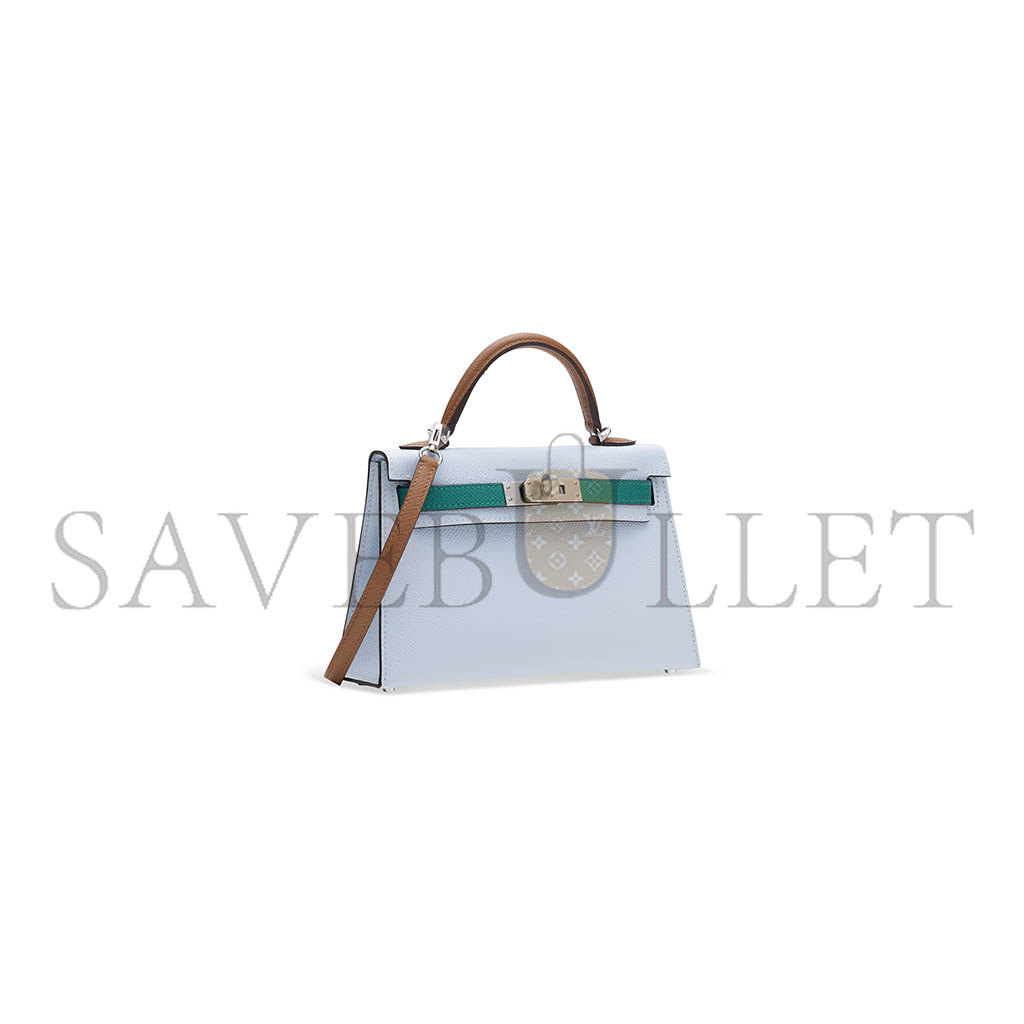 HERMÈS MASTER HAZE BLUE AND IMPERIAL GREEN AND SESAME EPSOM LEATHER TRICOLOR MINI KELLY 20 II WITH PALLADIUM HARDWARE (19*12*5.5cm)